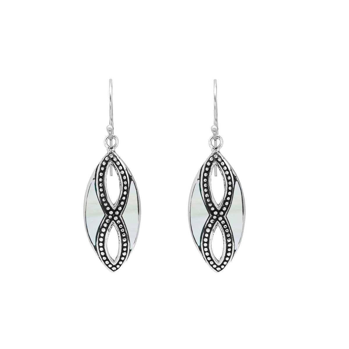 925 Sterling Silver Mother Of Pearl marquise drop earrings featuring luminous white shell inlays, double infinity-inspired openwork, oxidized dotted detailing, polished silver borders, and elegant fishhook ear wires.