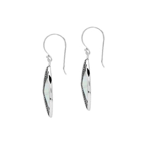 925 Sterling Silver Mother Of Pearl marquise drop earrings featuring luminous white shell inlays, double infinity-inspired openwork, oxidized dotted detailing, polished silver borders, and elegant fishhook ear wires.