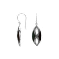 925 Sterling Silver Black Shell marquise drop earrings featuring glossy dark shell inlays, double infinity-inspired openwork motifs, oxidized dotted detailing, polished silver borders, and curved fishhook ear wires.