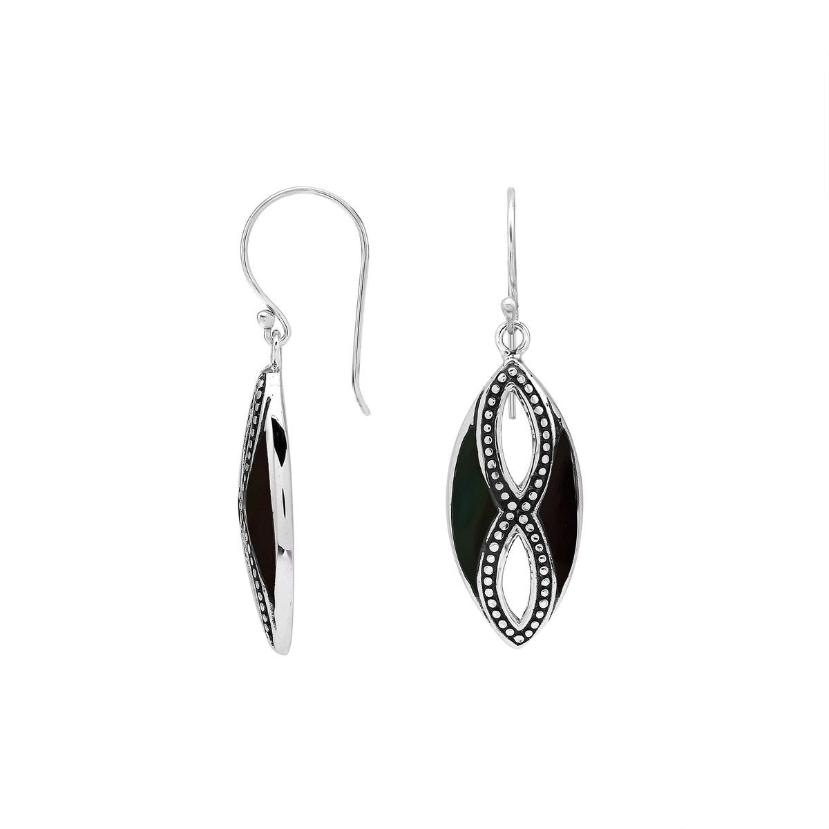 925 Sterling Silver Black Shell marquise drop earrings featuring glossy dark shell inlays, double infinity-inspired openwork motifs, oxidized dotted detailing, polished silver borders, and curved fishhook ear wires.