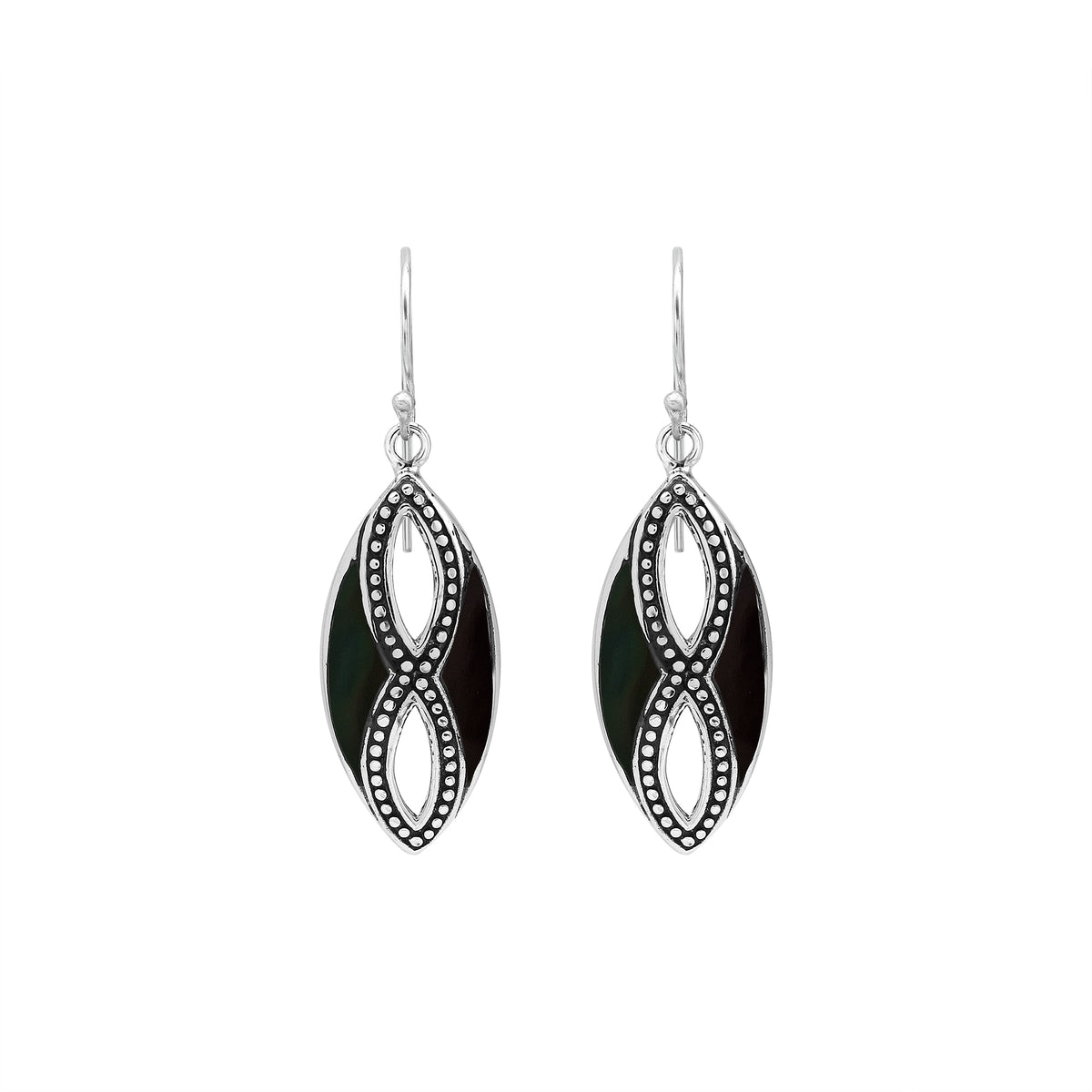 925 Sterling Silver Black Shell marquise drop earrings featuring glossy dark shell inlays, double infinity-inspired openwork motifs, oxidized dotted detailing, polished silver borders, and curved fishhook ear wires.