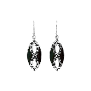 925 Sterling Silver Black Shell marquise drop earrings featuring glossy dark shell inlays, double infinity-inspired openwork motifs, oxidized dotted detailing, polished silver borders, and curved fishhook ear wires.