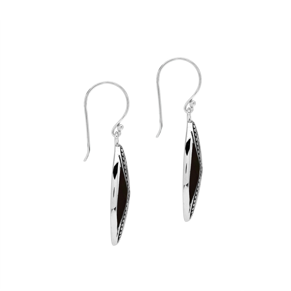925 Sterling Silver Black Shell marquise drop earrings featuring glossy dark shell inlays, double infinity-inspired openwork motifs, oxidized dotted detailing, polished silver borders, and curved fishhook ear wires.