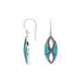 925 Sterling Silver Turquoise Shell marquise drop earrings featuring bright turquoise blue inlays, infinity-inspired double openwork motifs, oxidized dotted silver detailing, polished borders, and elegant fishhook ear wires.