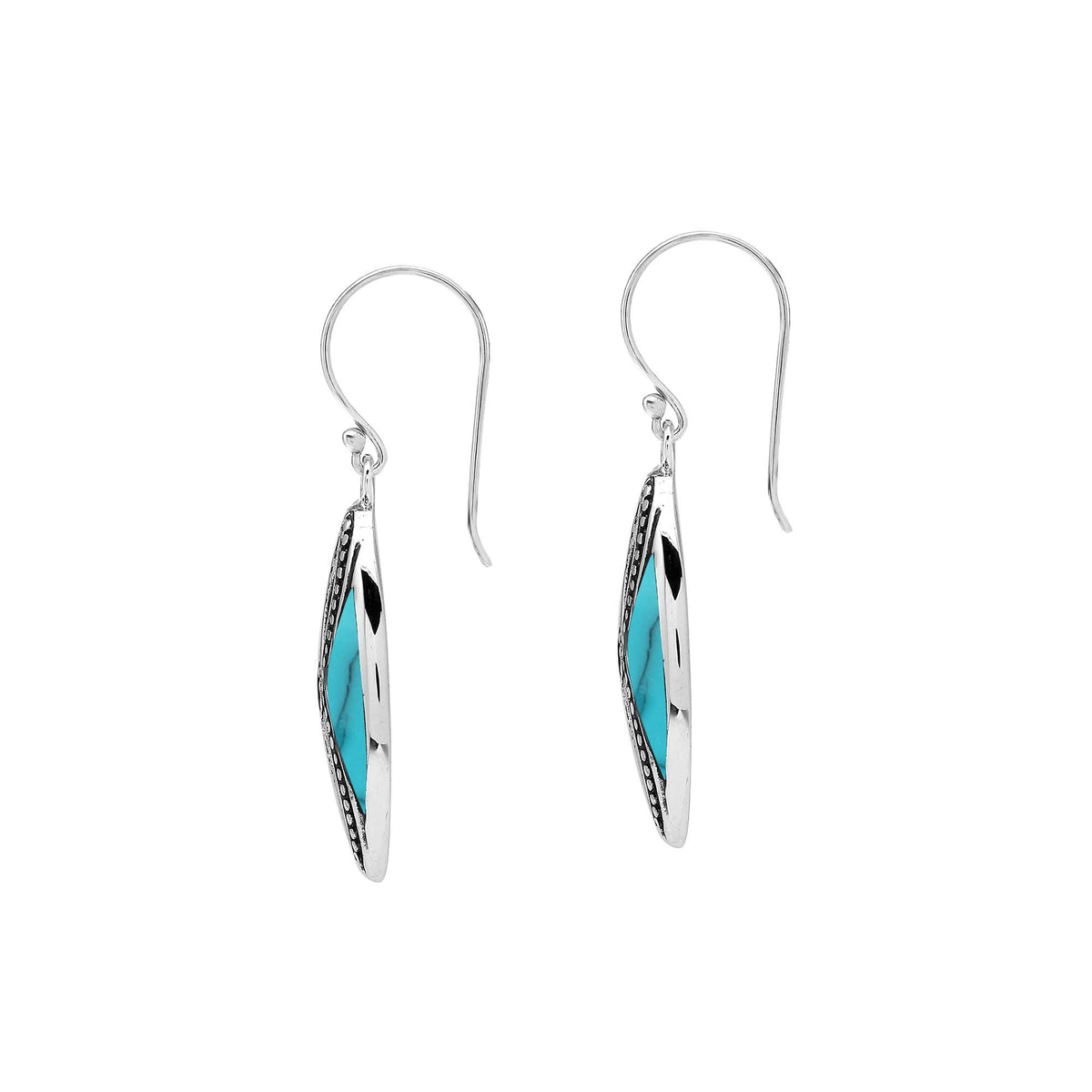 925 Sterling Silver Turquoise Shell marquise drop earrings featuring bright turquoise blue inlays, infinity-inspired double openwork motifs, oxidized dotted silver detailing, polished borders, and elegant fishhook ear wires.