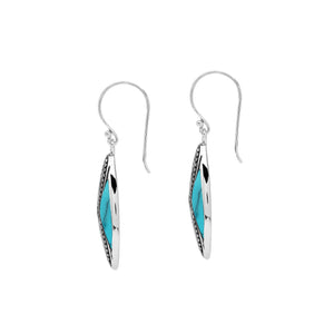 925 Sterling Silver Turquoise Shell marquise drop earrings featuring bright turquoise blue inlays, infinity-inspired double openwork motifs, oxidized dotted silver detailing, polished borders, and elegant fishhook ear wires.