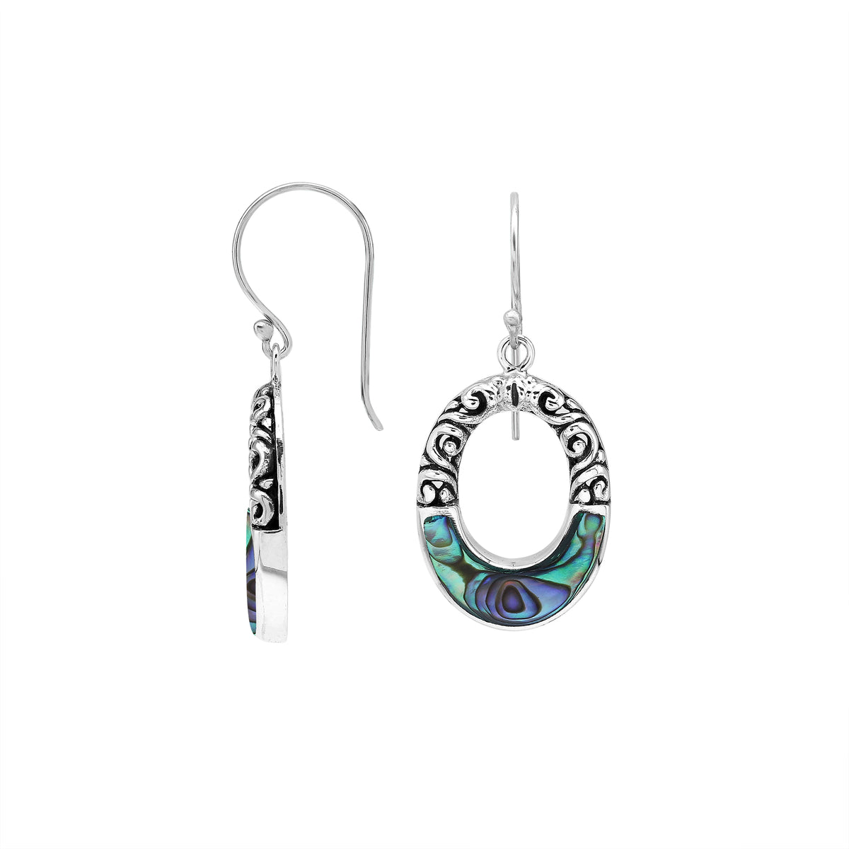 Sterling silver oval drop earrings featuring iridescent Abalone Shell inlay, openwork centers, sculpted scroll detailing, oxidized accents, and classic French ear wires.
