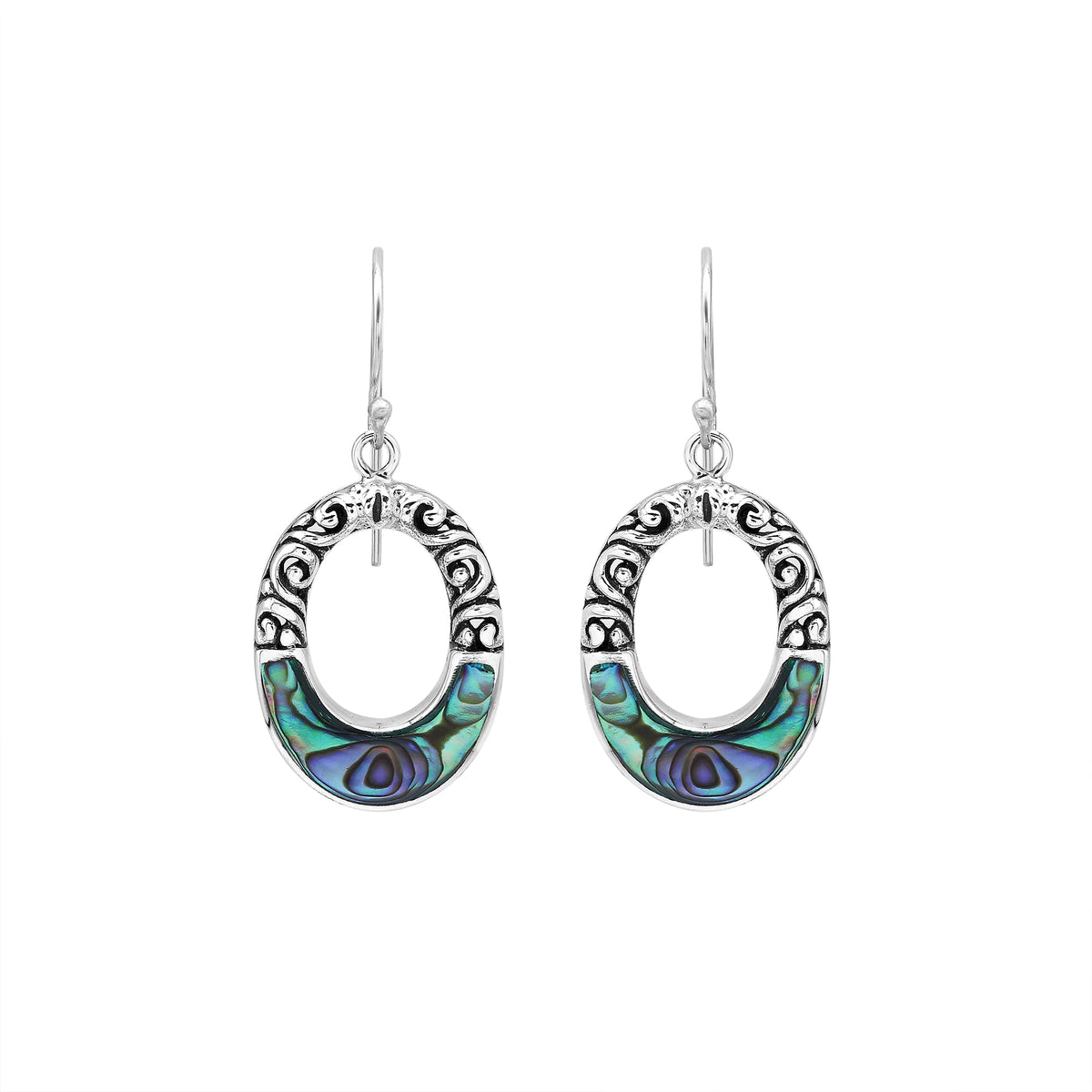 Sterling silver oval drop earrings featuring iridescent Abalone Shell inlay, openwork centers, sculpted scroll detailing, oxidized accents, and classic French ear wires.