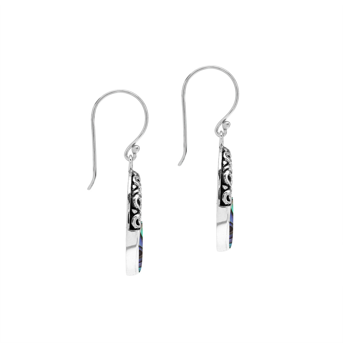Sterling silver oval drop earrings featuring iridescent Abalone Shell inlay, openwork centers, sculpted scroll detailing, oxidized accents, and classic French ear wires.