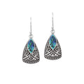 925 Sterling Silver Abalone Shell teardrop earring design featuring an open marquise center, intricate floral scrollwork filigree, decorative beaded borders, softly polished silver surfaces, and elegant ornamental detailing.