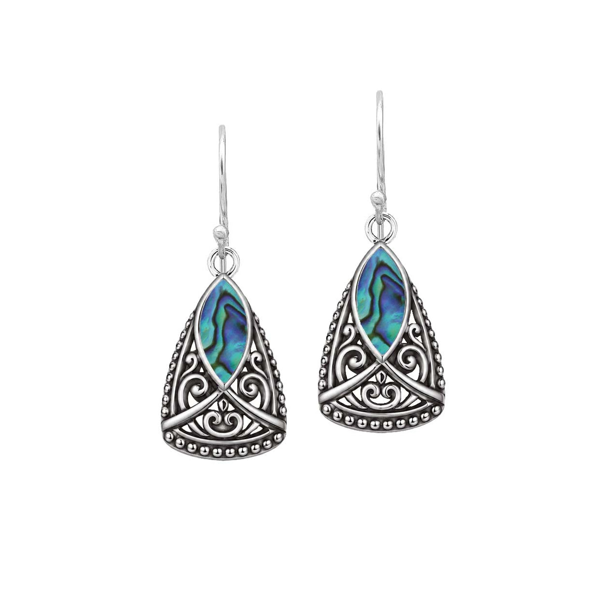925 Sterling Silver Abalone Shell teardrop earring design featuring an open marquise center, intricate floral scrollwork filigree, decorative beaded borders, softly polished silver surfaces, and elegant ornamental detailing.