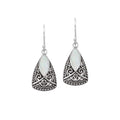 925 Sterling Silver Mother Of Pearl teardrop earring design featuring an open marquise center, intricate floral scrollwork filigree, decorative beaded borders, softly polished silver surfaces, and elegant ornamental detailing.