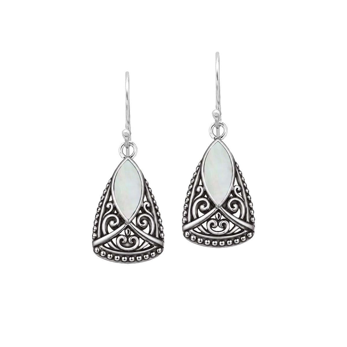 925 Sterling Silver Mother Of Pearl teardrop earring design featuring an open marquise center, intricate floral scrollwork filigree, decorative beaded borders, softly polished silver surfaces, and elegant ornamental detailing.