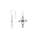 Sterling silver cross drop earrings featuring open oval sections, sculpted floral motifs, oxidized detailing, polished raised accents, and classic French ear wires.