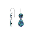 Sterling silver Abalone Shell dangle earrings featuring round upper settings and teardrop lower drops with vivid blue, green, violet, and turquoise iridescent patterns.