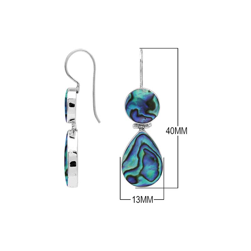 Sterling silver Abalone Shell dangle earrings featuring round upper settings and teardrop lower drops with vivid blue, green, violet, and turquoise iridescent patterns.