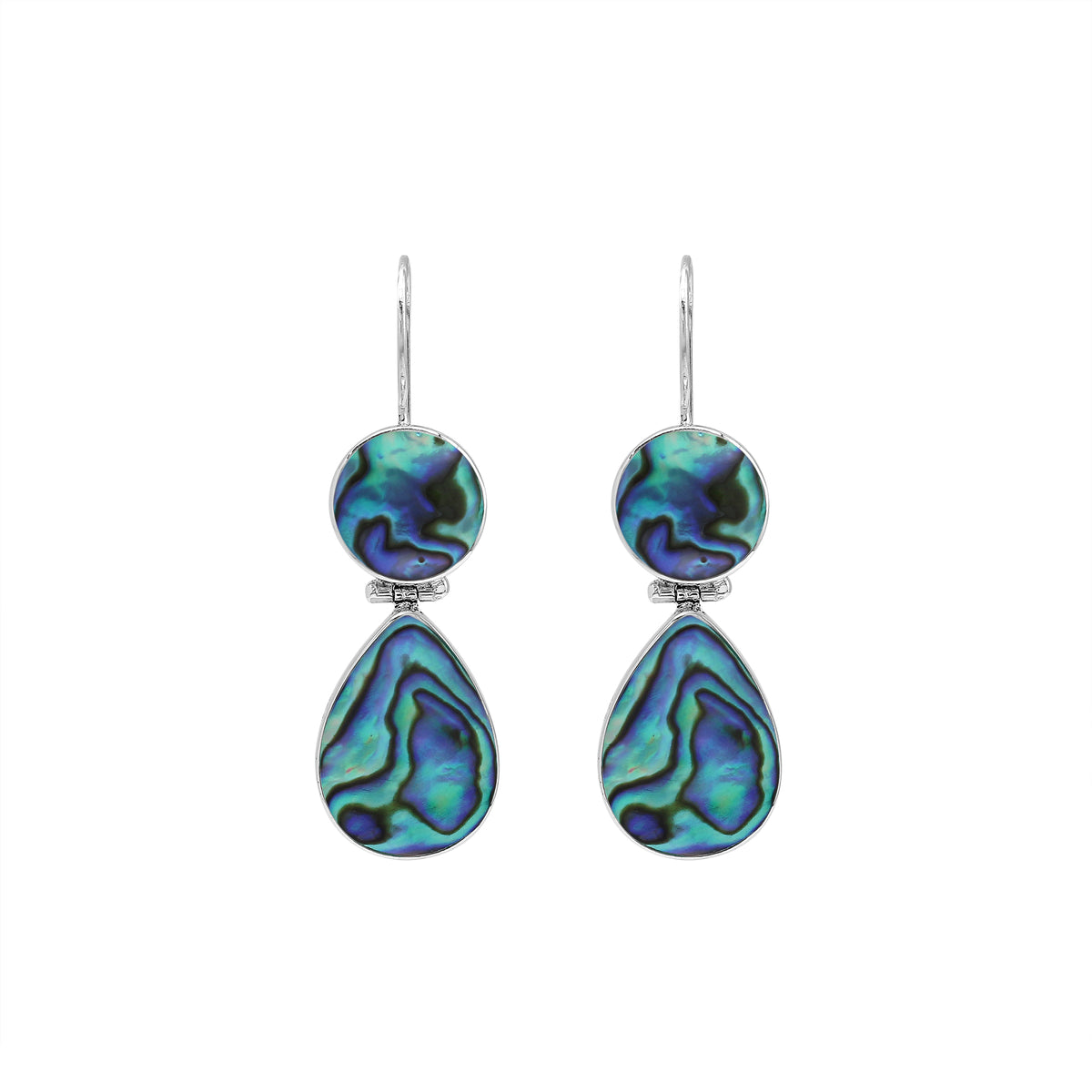 Sterling silver Abalone Shell dangle earrings featuring round upper settings and teardrop lower drops with vivid blue, green, violet, and turquoise iridescent patterns.