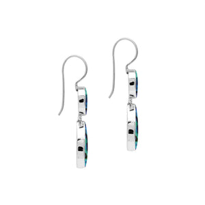 Sterling silver Abalone Shell dangle earrings featuring round upper settings and teardrop lower drops with vivid blue, green, violet, and turquoise iridescent patterns.