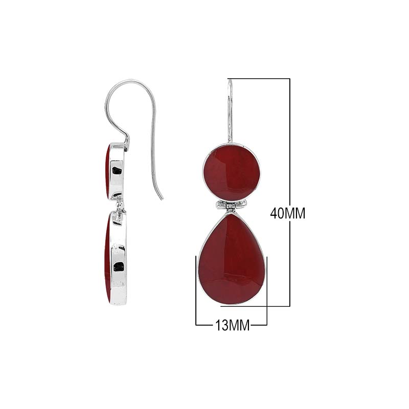 Sterling silver Red Coral dangle earrings featuring a round upper element and teardrop lower drop, polished bezel settings, articulated construction, and elongated ear wires.