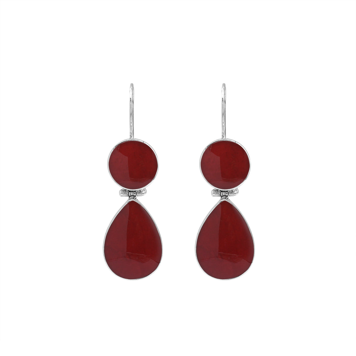 Sterling silver Red Coral dangle earrings featuring a round upper element and teardrop lower drop, polished bezel settings, articulated construction, and elongated ear wires.