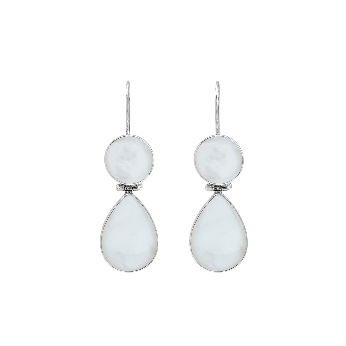 Sterling silver Mother Of Pearl dangle earrings featuring round and teardrop shell elements, polished bezel settings, articulated construction, and elegant elongated ear wires.