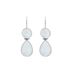 Sterling silver Mother Of Pearl dangle earrings featuring round and teardrop shell elements, polished bezel settings, articulated construction, and elegant elongated ear wires.