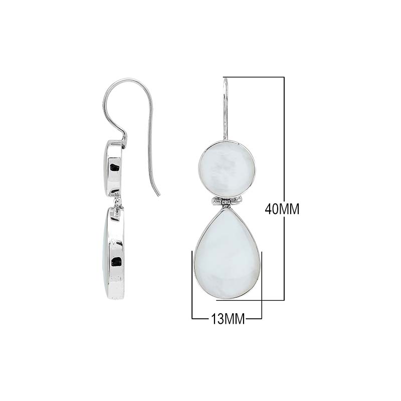 Sterling silver Mother Of Pearl dangle earrings featuring round and teardrop shell elements, polished bezel settings, articulated construction, and elegant elongated ear wires.