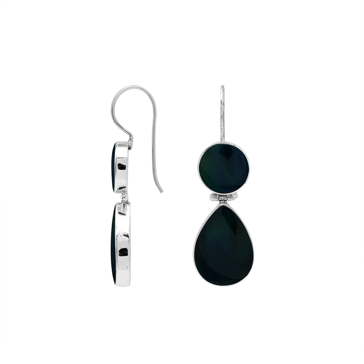 Sterling silver Black Shell dangle earrings featuring glossy round and teardrop elements, polished bezel settings, articulated double-drop construction, and elongated silver ear wires.