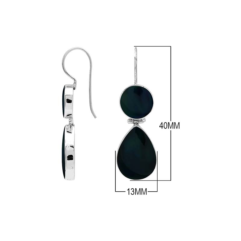 Sterling silver Black Shell dangle earrings featuring glossy round and teardrop elements, polished bezel settings, articulated double-drop construction, and elongated silver ear wires.