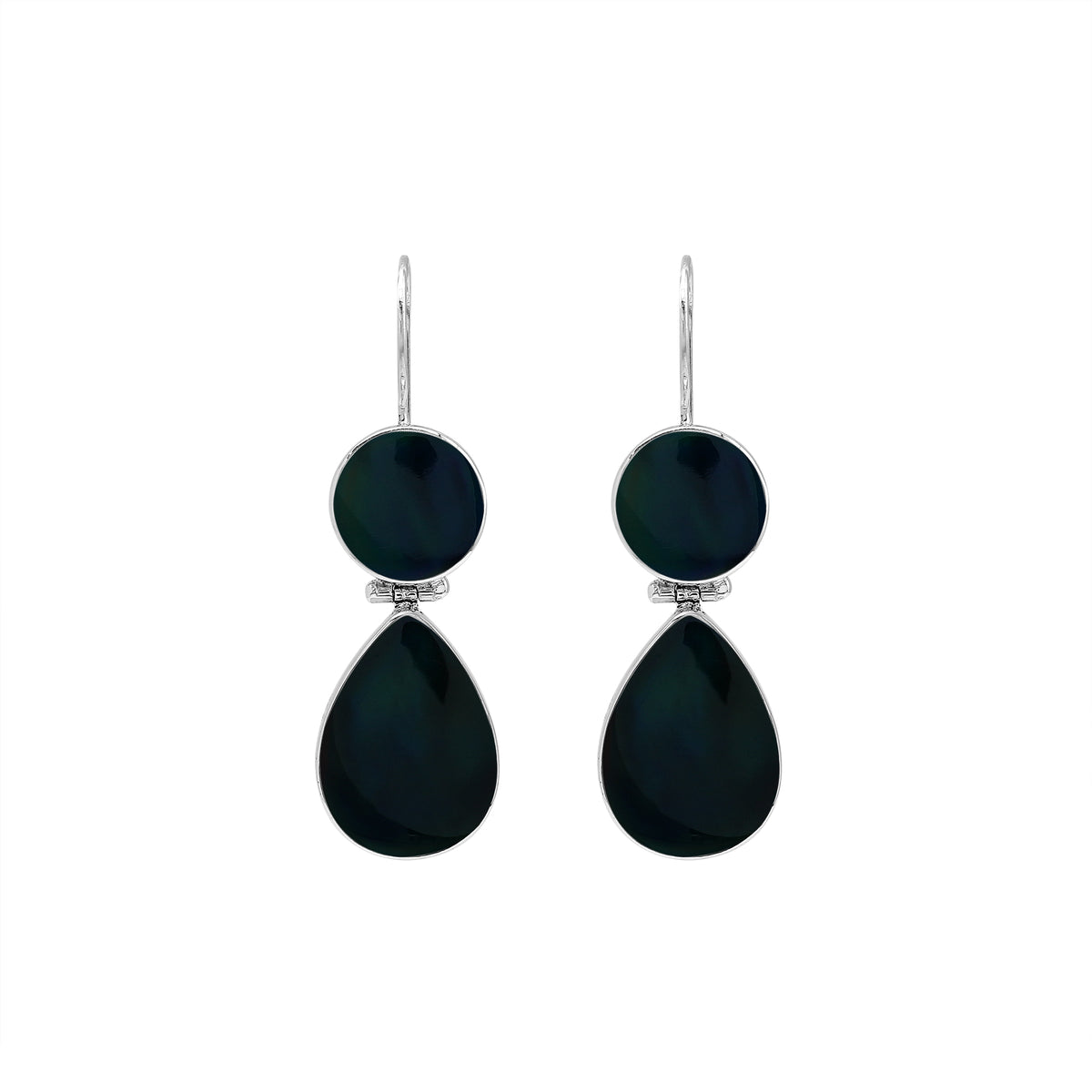 Sterling silver Black Shell dangle earrings featuring glossy round and teardrop elements, polished bezel settings, articulated double-drop construction, and elongated silver ear wires.