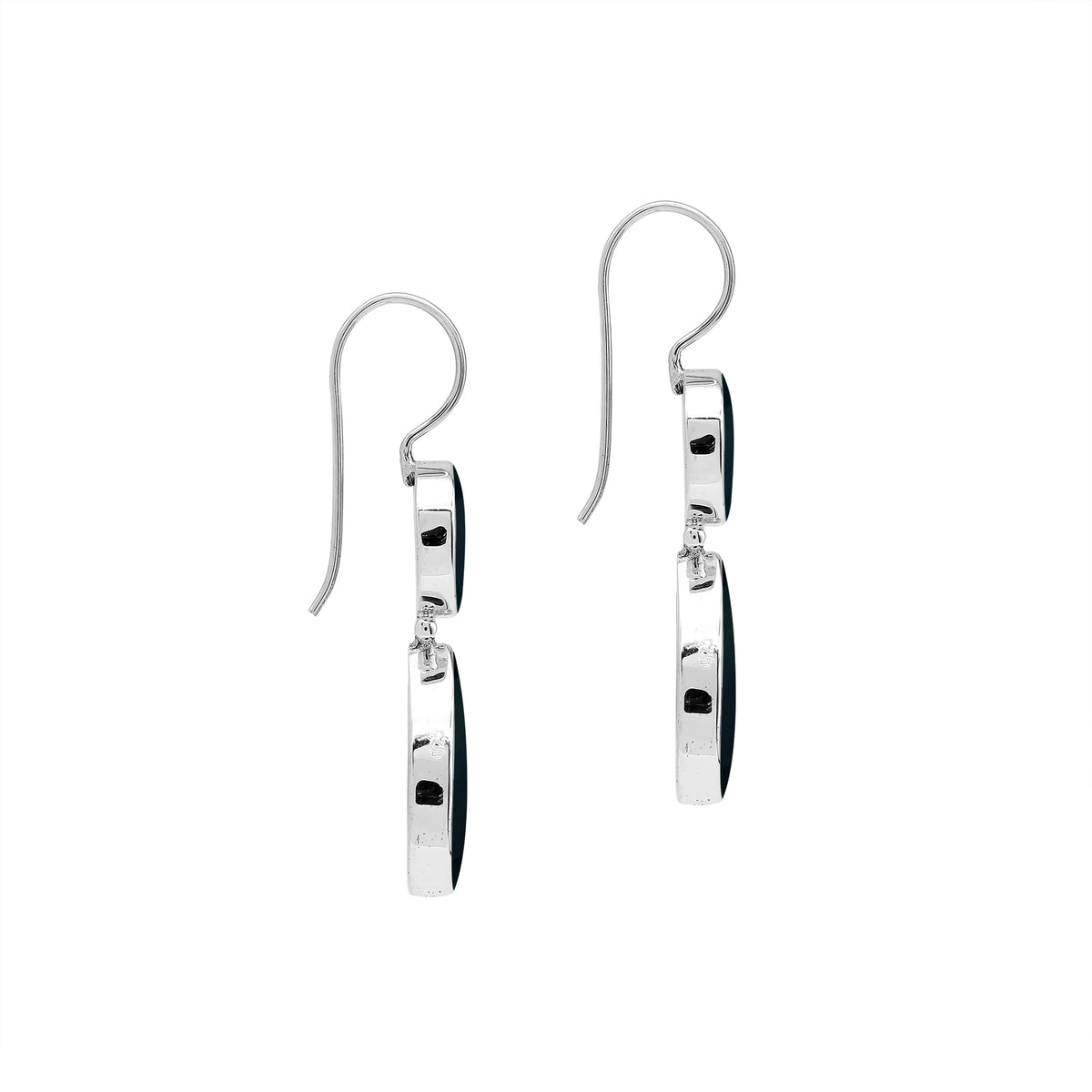 Sterling silver Black Shell dangle earrings featuring glossy round and teardrop elements, polished bezel settings, articulated double-drop construction, and elongated silver ear wires.