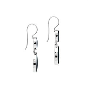 Sterling silver Black Shell dangle earrings featuring glossy round and teardrop elements, polished bezel settings, articulated double-drop construction, and elongated silver ear wires.