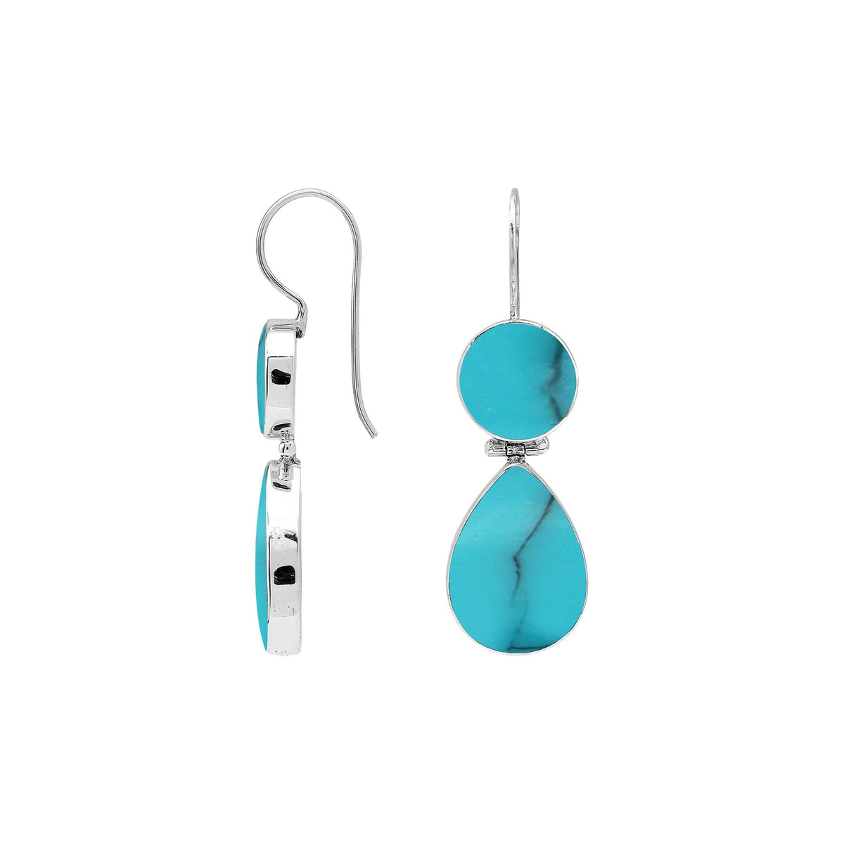 Sterling silver Turquoise Shell double drop earrings featuring circular upper settings, larger teardrop dangles, vibrant turquoise blue surfaces with dark veining, polished silver bezels, and curved fishhook earwires, shown in front and side views.