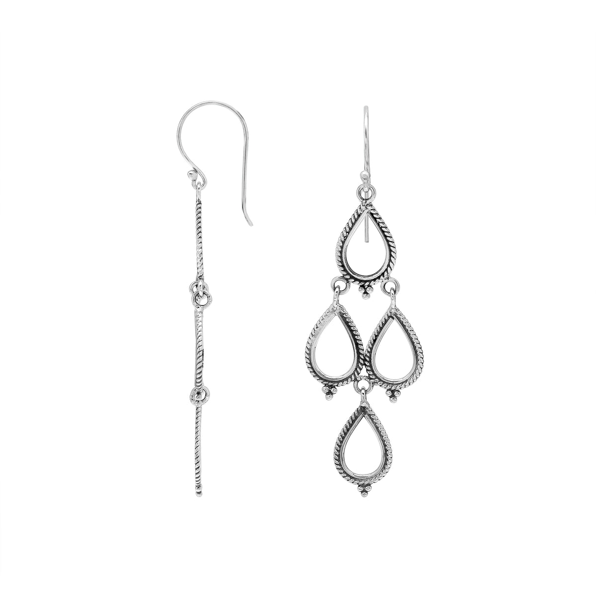 Sterling silver chandelier drop earrings featuring four open teardrop frames, twisted rope borders, small bead accents, articulated tiered construction, and elongated ear wires.