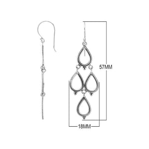 Sterling silver chandelier drop earrings featuring four open teardrop frames, twisted rope borders, small bead accents, articulated tiered construction, and elongated ear wires.