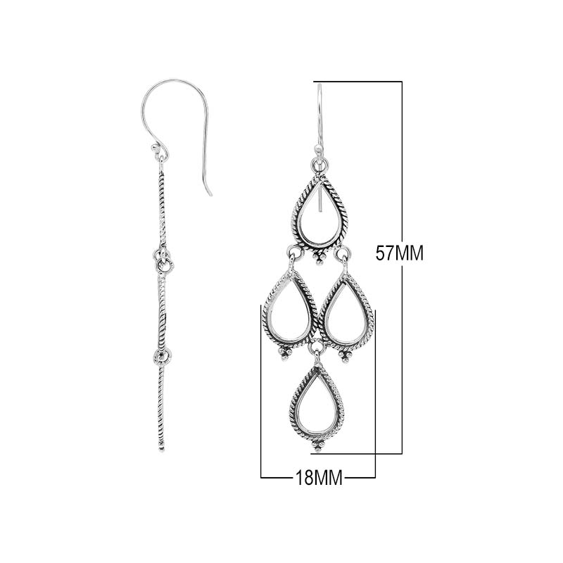 Sterling silver chandelier drop earrings featuring four open teardrop frames, twisted rope borders, small bead accents, articulated tiered construction, and elongated ear wires.