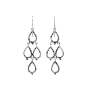Sterling silver chandelier drop earrings featuring four open teardrop frames, twisted rope borders, small bead accents, articulated tiered construction, and elongated ear wires.