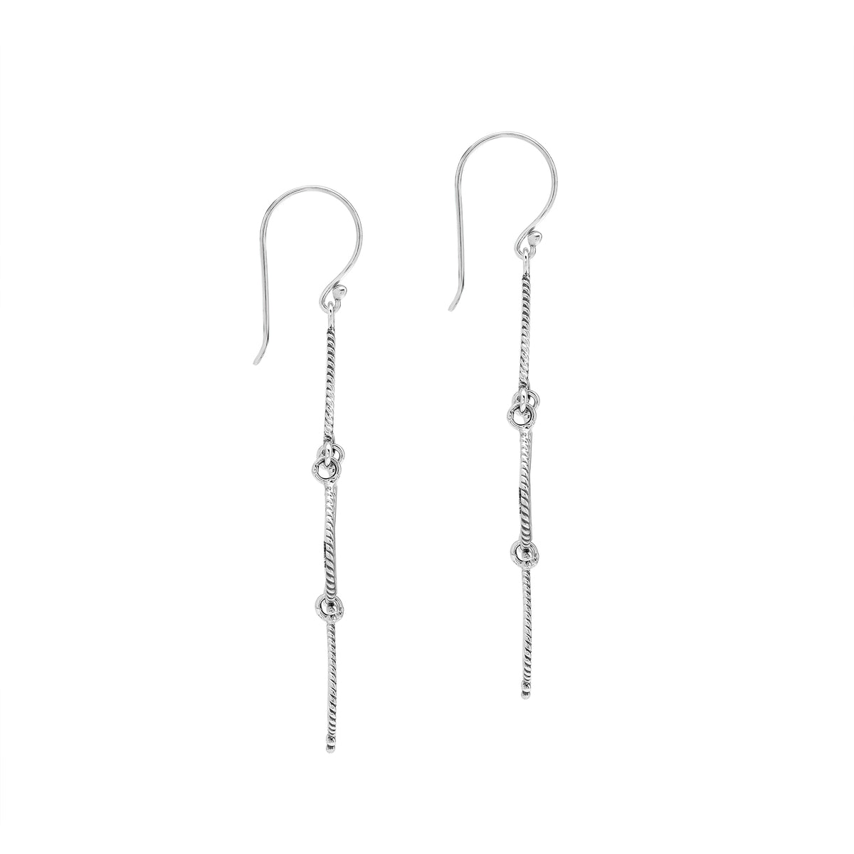 Sterling silver chandelier drop earrings featuring four open teardrop frames, twisted rope borders, small bead accents, articulated tiered construction, and elongated ear wires.