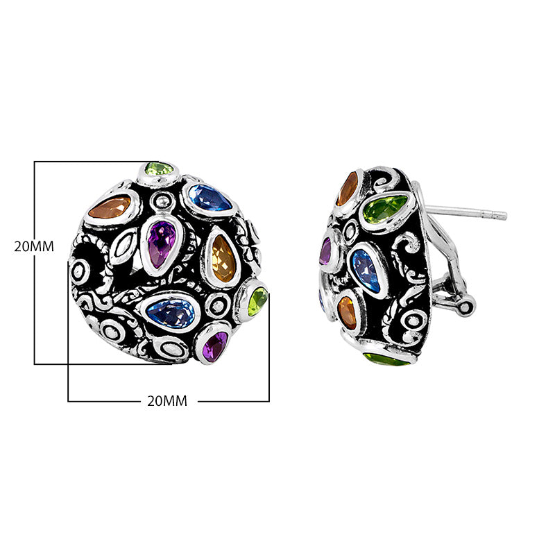 Sterling Silver Dome Multi Stone Quartz Earrings With Omega Clip