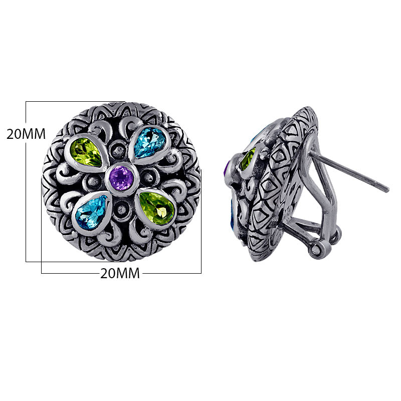 Sterling silver round floral earrings with multi quartz stones