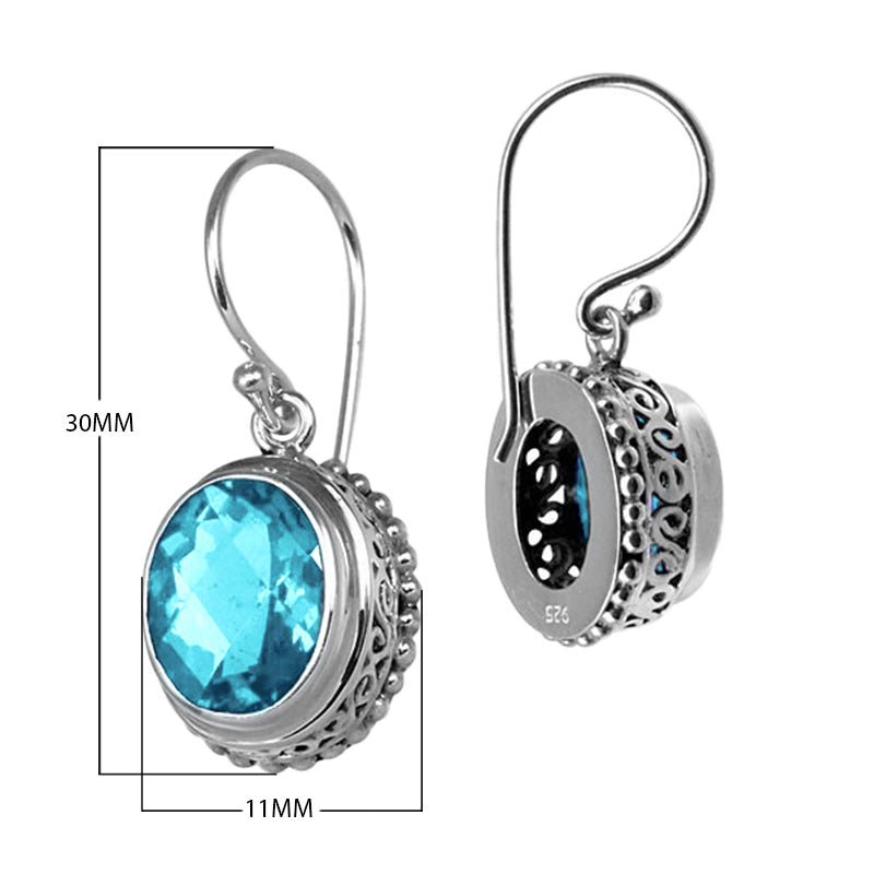 Wholesale sterling silver structured halo earrings featuring Blue Topaz Quartz with polished finish and earwire lock.