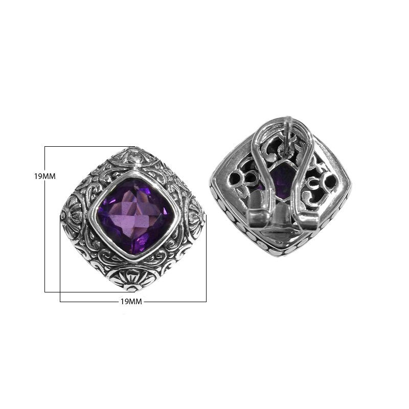 Wholesale sterling silver Amethyst Quartz square earrings with polished finish and Omega Clip lock.