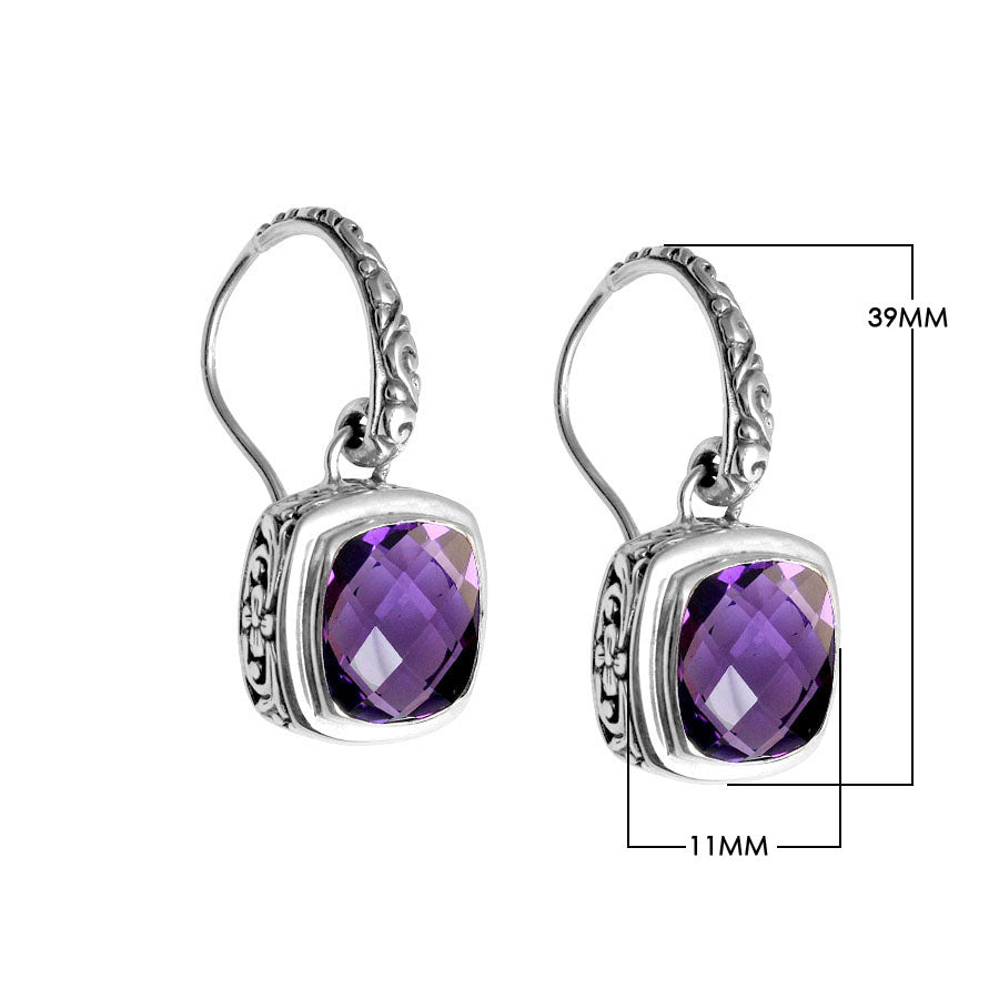 Wholesale sterling silver Amethyst Quartz cushion drop earrings with polished finish and earwire lock.