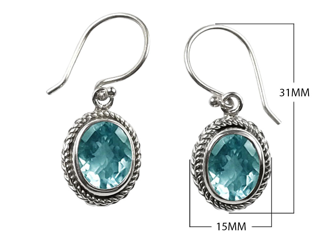 Wholesale sterling silver Blue Topaz Quartz oval rope-frame drop earrings with earwire.