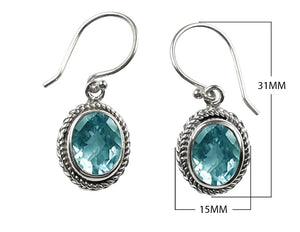 Wholesale sterling silver Blue Topaz Quartz oval rope-frame drop earrings with earwire.