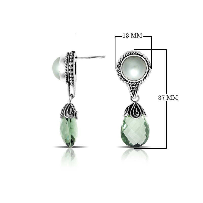 Sterling Silver Mabe Pearl and Green Amethyst Quartz drop earrings