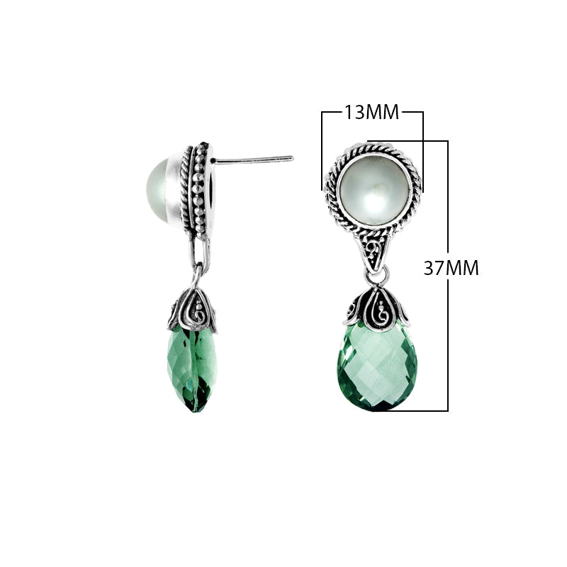 Sterling Silver Mabe Pearl and Green Quartz teardrop earrings