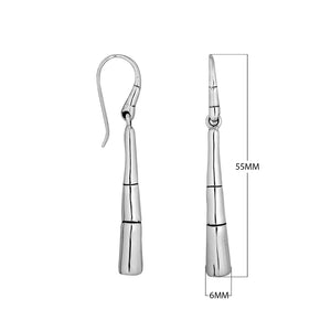 Sterling silver bamboo-inspired long drop earrings with smooth high-polished finish and earwire lock.