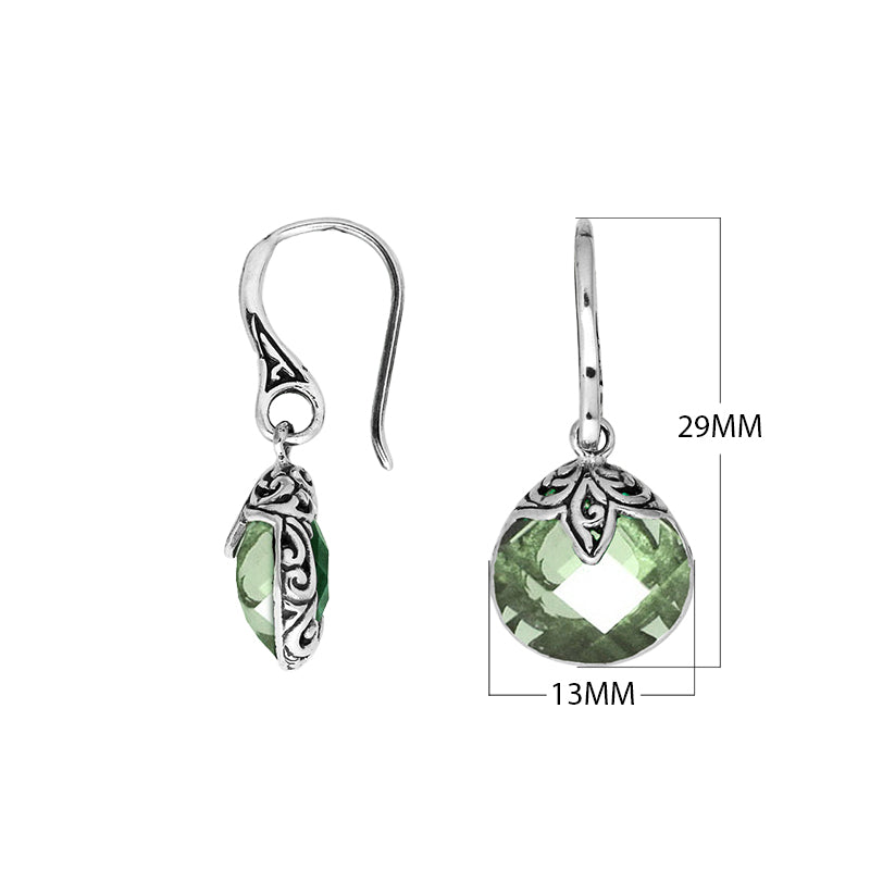 Wholesale sterling silver Green Amethyst Quartz round drop earrings with oxidized pattern and polished finish.