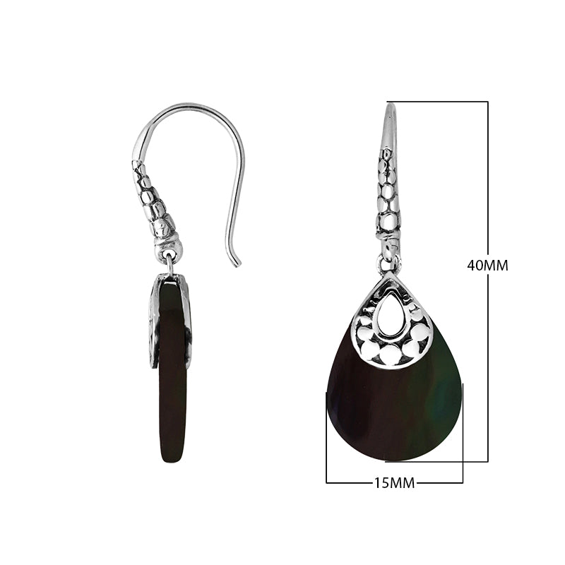Wholesale sterling silver Black Shell pear-drop earrings with polished oxidized finish and secure earwire lock.